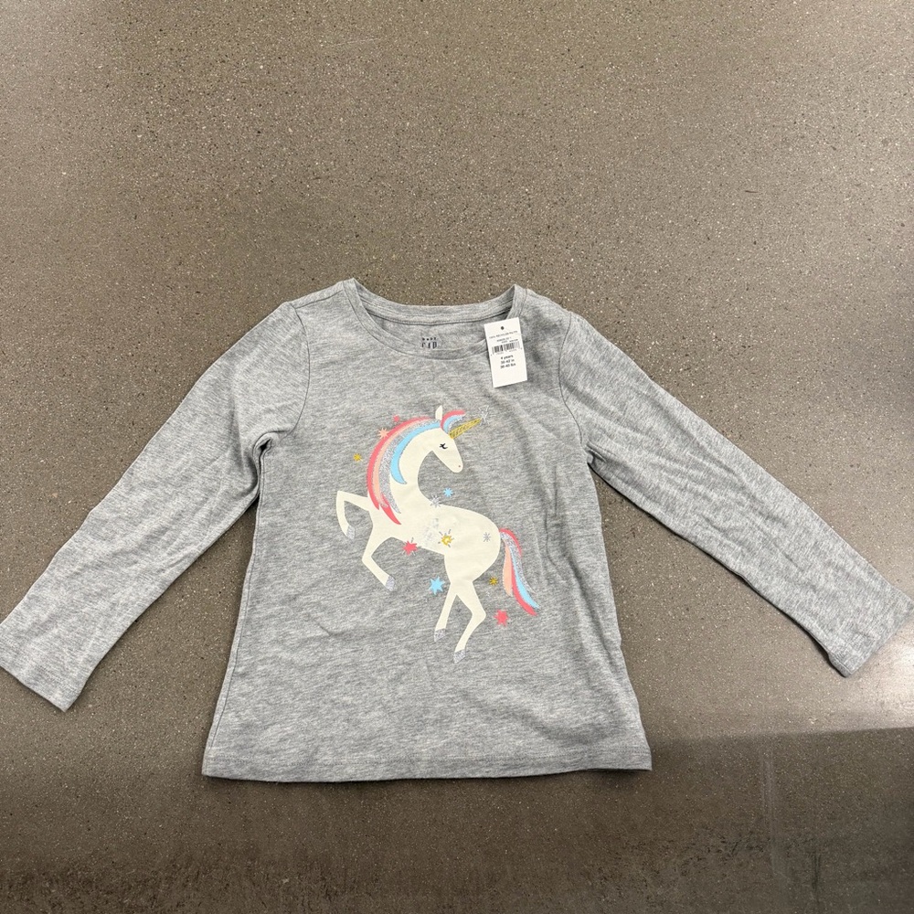 GAP Gray Long Sleeve Tee with Pastel Unicorn Graphic